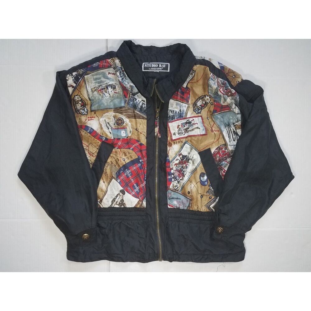 VTG Studio Ray Womens Silk Peplum Colorful Retro Jacket Switzerland Travel Zip